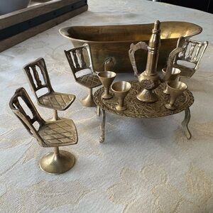 Miniature Elegant Brass Dining Set with Chairs and Goblets